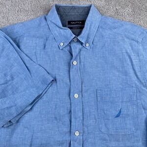 Nautica‎ Shirt Mens Medium Blue Linen Classic Fit Button Down Beach Coastal